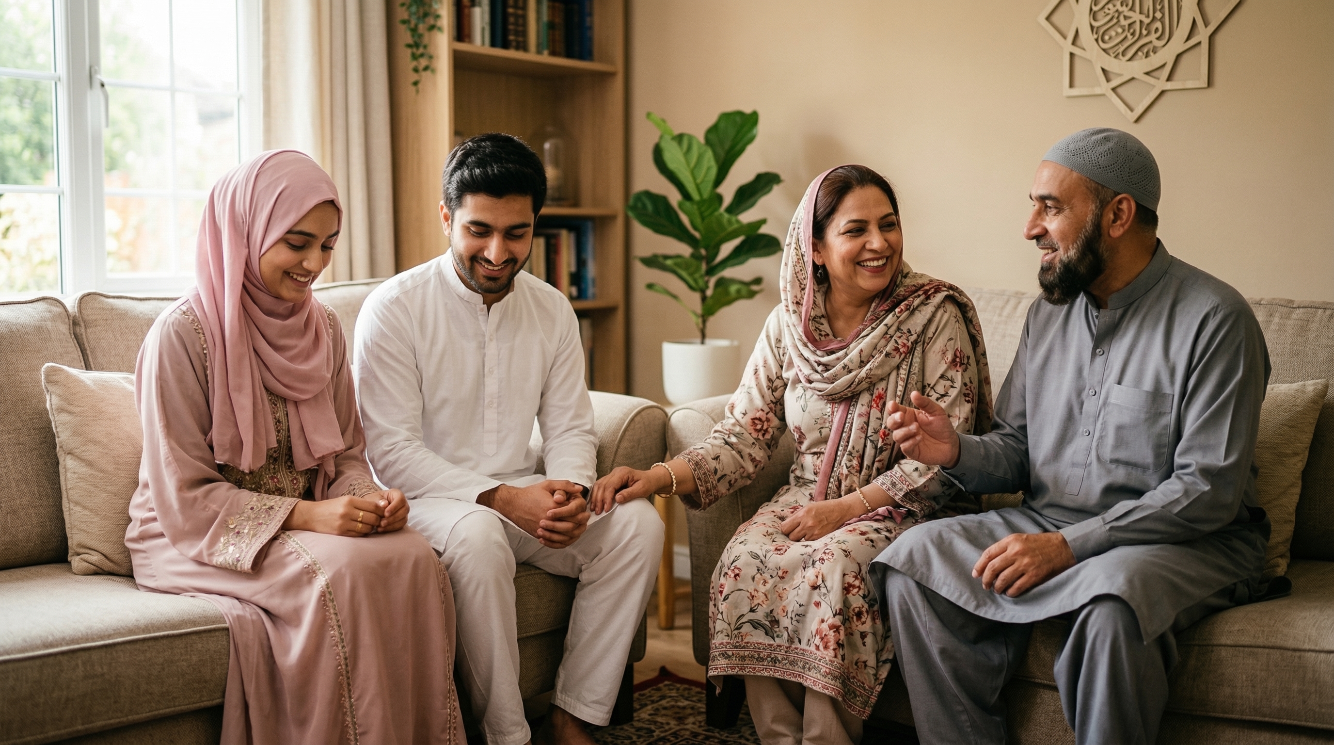 Muslim family sitting together discussing a marriage proposal
