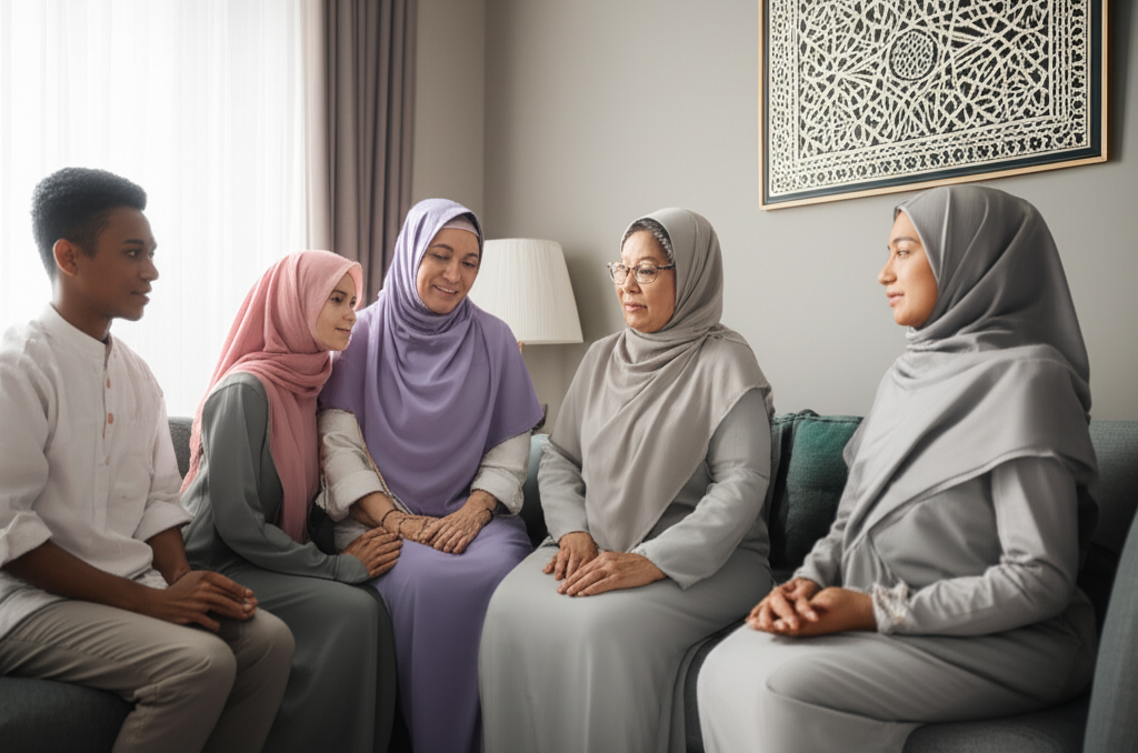 Muslim family discussing marriage proposals together in a respectful setting