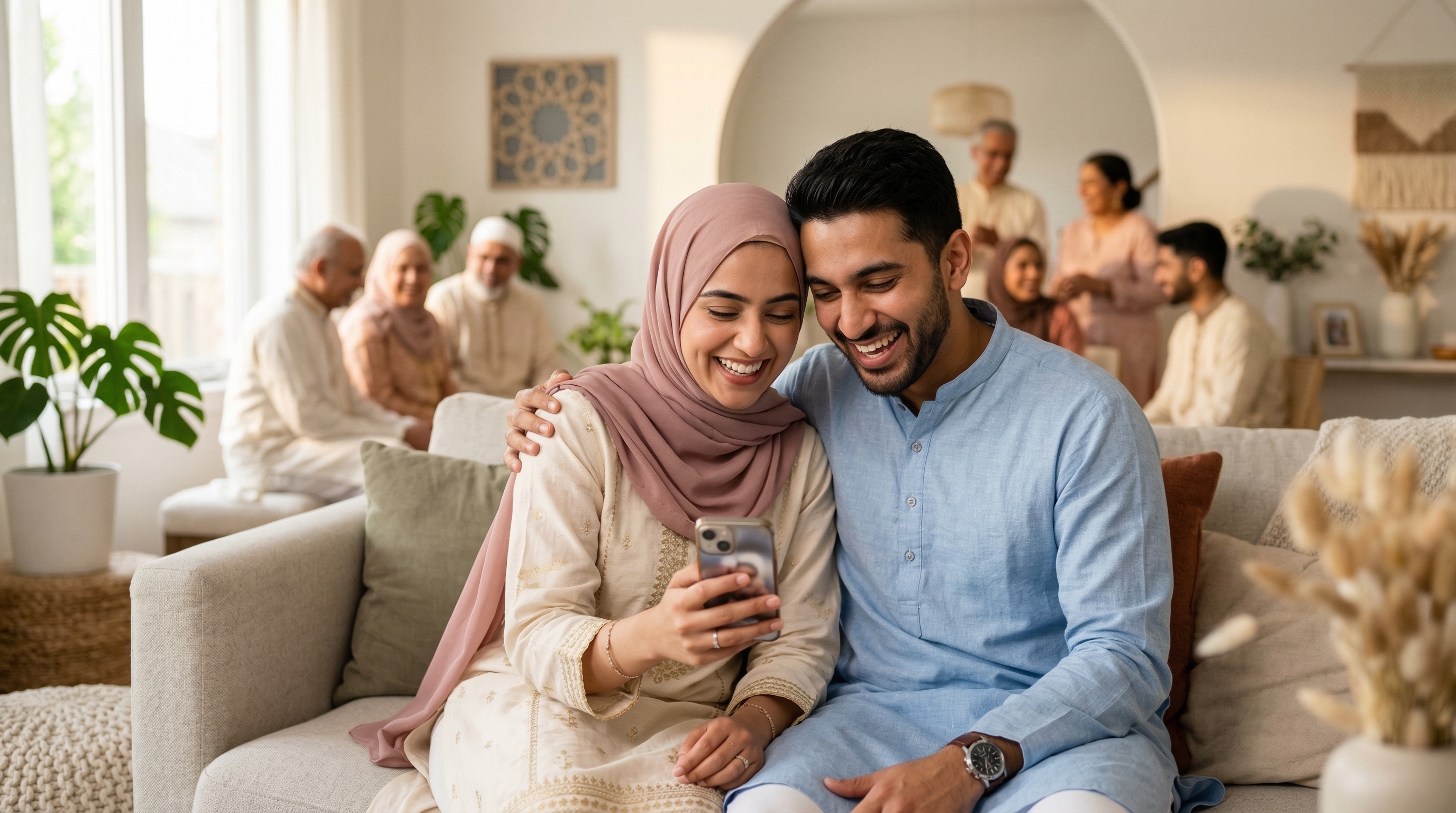 Muslim couple and family discussing marriage on NikahOne